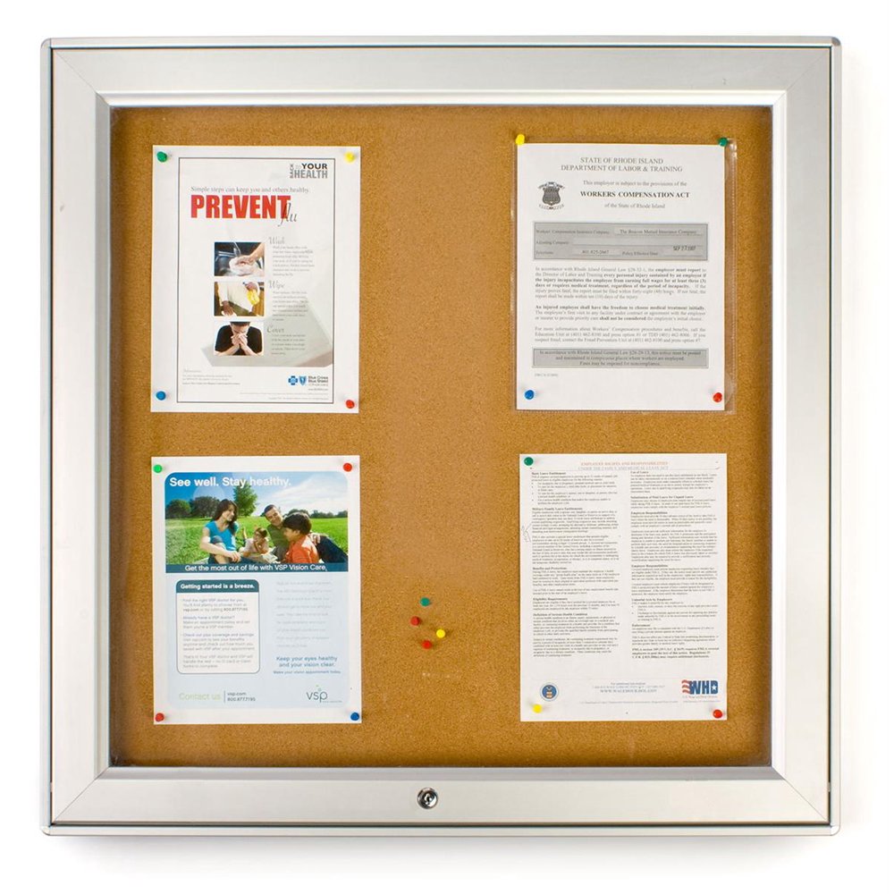 Aluminum WallMounted Enclosed Bulletin Board for Outdoor Use, 26.75 x 26.75, Natural Cork Board