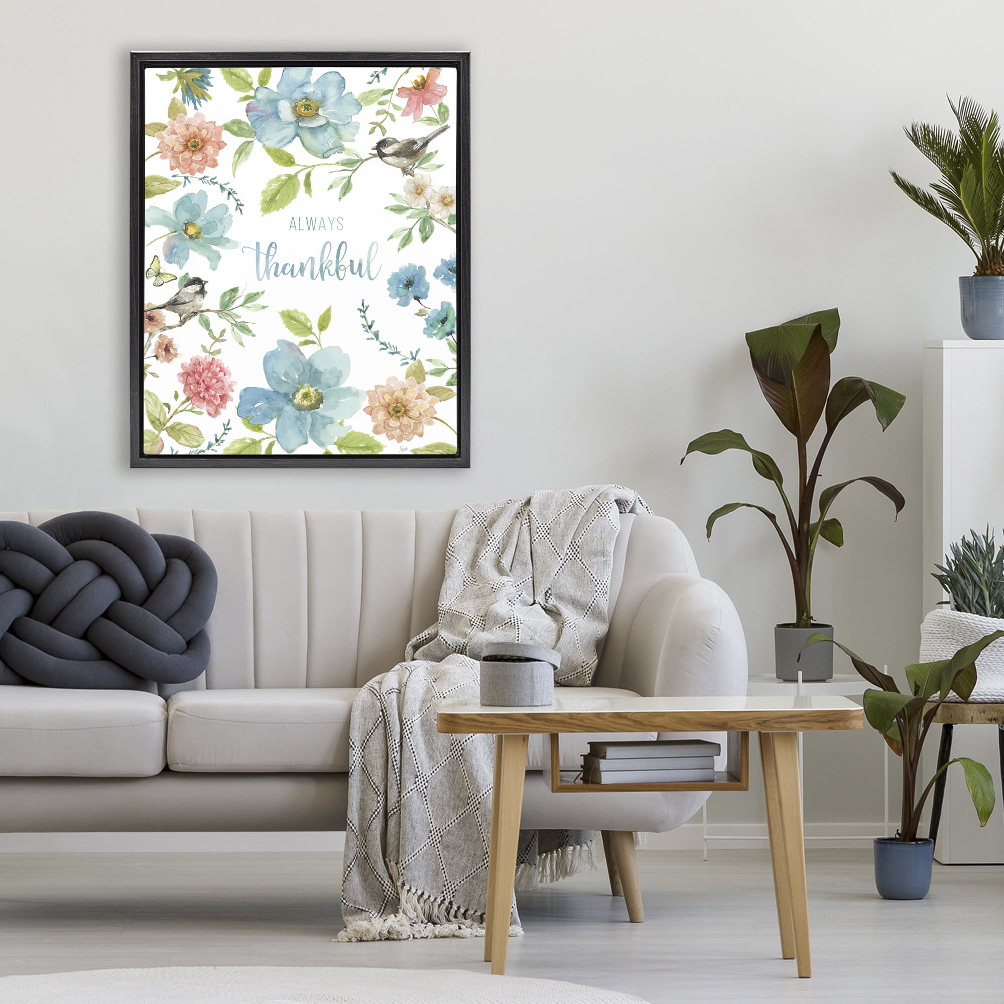 Stupell Industries Always Thankful Pink & Blue Black Framed Floater Canvas Wall Art, design by Nan
