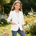 thumbnail image 6 of Hduncf Kids Blazer Girls Trendy School Blazer Jacket 3/4 Ruched Sleeve Teen Lapel Collar Lightweight Casual Blazers Suit White 120, 6 of 9