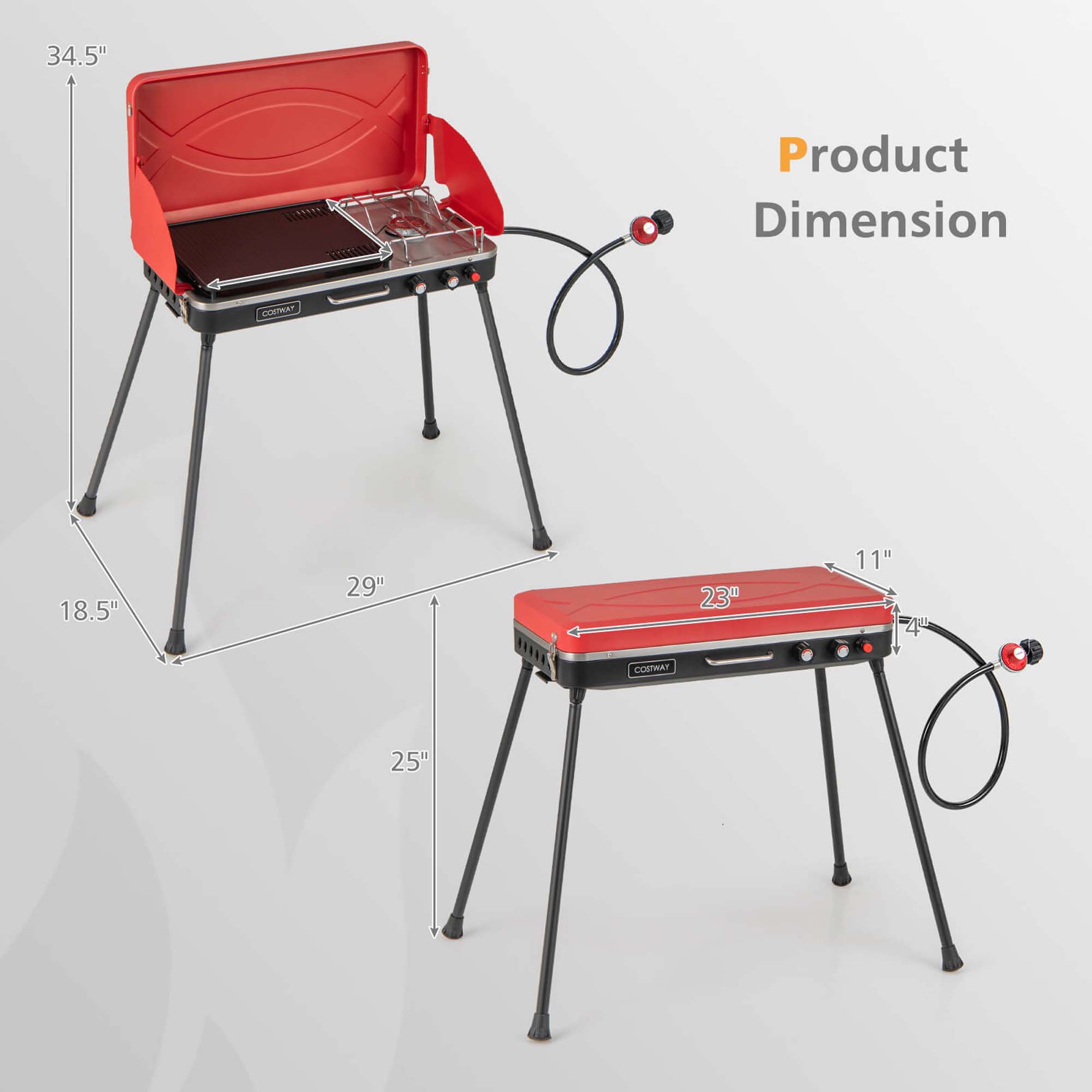 Costway 2-in-1 Propane Grill 2 Burner Camping Gas Stove Portable with Removable Leg Red