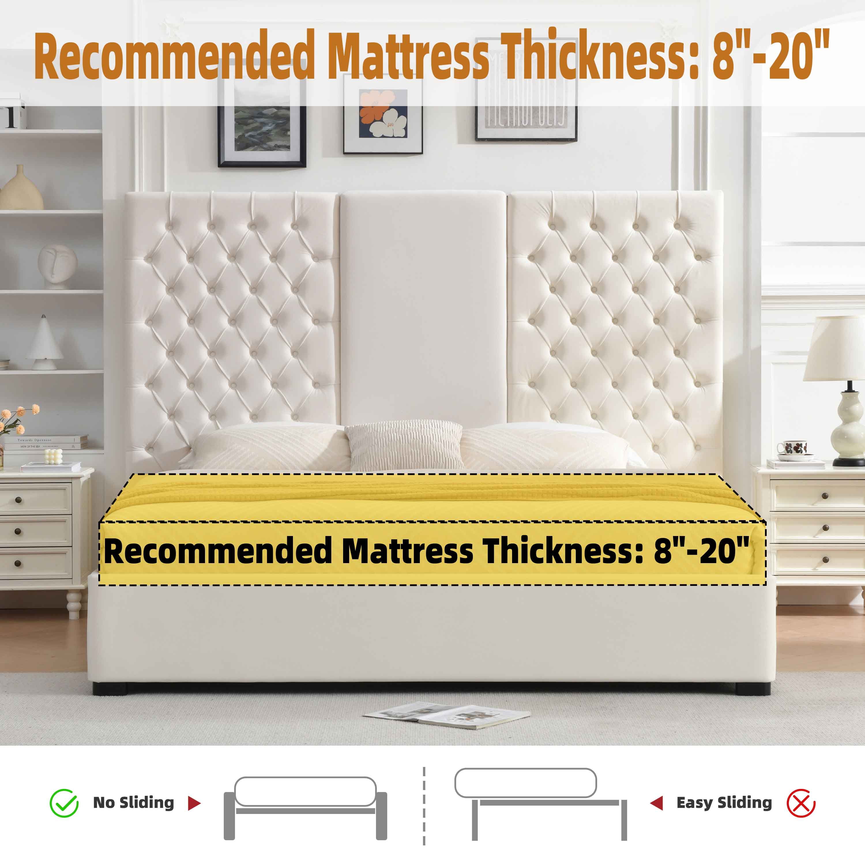 King Size Bed Frame 63.58" Tall Headboard, Velvet Upholstered Platform Bed, Drawers & Button Tufted, Easy Assembly, No Box Spring Needed, Cream