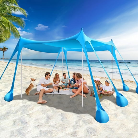 Rhino Valley Beach Tent Sun Shelter, Beach Canopy Tent Sun Shade UPF50 Protection with 8 Sandbags 4 Stability Poles, Outdoor Beach Shade Canopy for Beach, Camping, Fishing