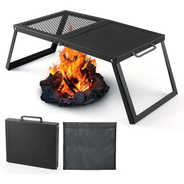 Gril pour Feu de Camp Robuste Pliable, Gril de Camping au-Dessus du Foyer de Camp, Grille avec Sac de Rangement pour Cuisson Extérieure et Feu de Camp