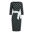 thumbnail image 6 of Women's Vintage Polka Dot Midi Dress, Crew Neck 3/4 Sleeve Self Tie Waist Slim Bodycon Knee-Length Pencil Dress Black L(L), 6 of 6