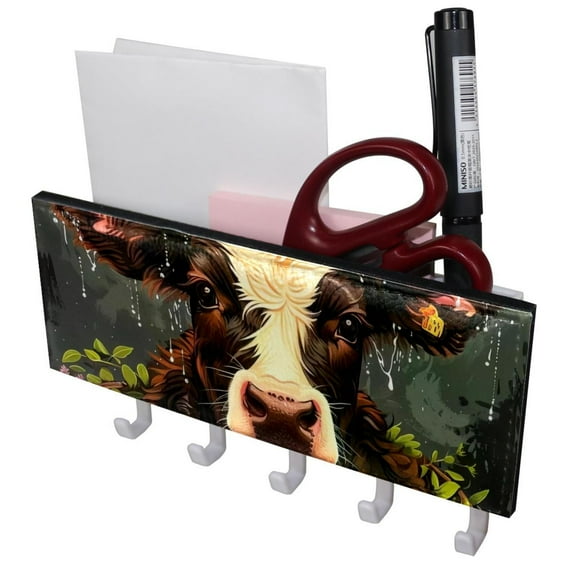 PhooArto Key Holder for Wall Decorative with 5 Key Hooks, Calf Cow with Flowers Wreath Holders Wall Mount Organizer with Mail Key Rack, Self Adhesive