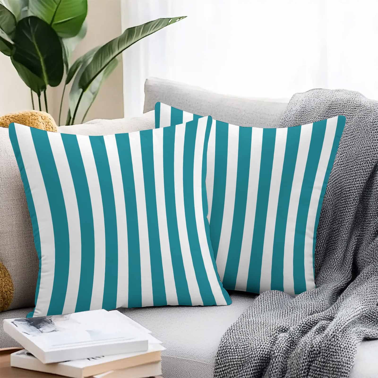 Waterproof Throw Pillow Covers Set of 2, 18x18 Inch Teal Striped Decorative Pillowcases Outdoor Pillow Slip Cushion Covers Set for Couch Tent Simple Art Vertical Stripe Farmhouse