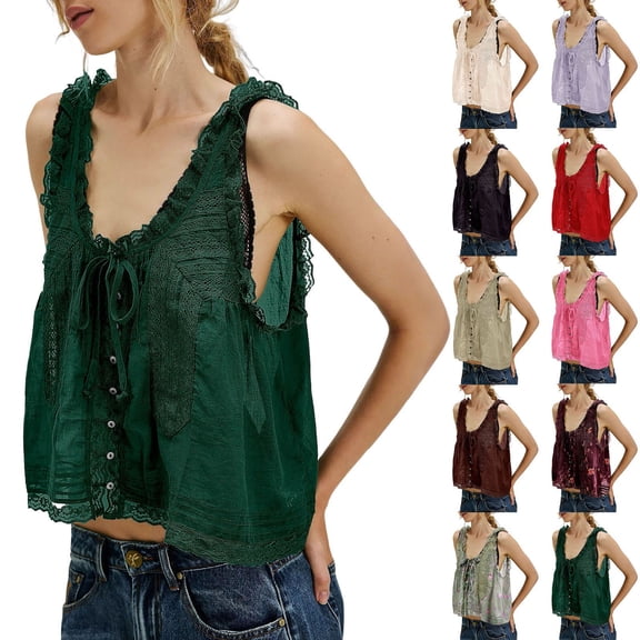 Women Sleeveless Lace Front Tie Mesh Chiffon Vacation Tank Top