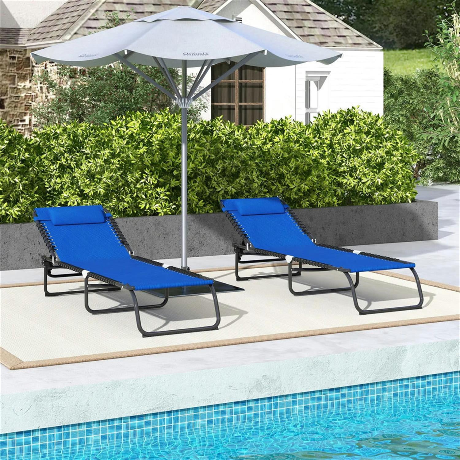 Demi Bonn Outdoor Folding Chaise Lounge Chairs Set of 2 with 4-Position Reclining Pillow-Back, Breathable Mesh Seat, Bungee for Pool, Beach, Patio, Blue
