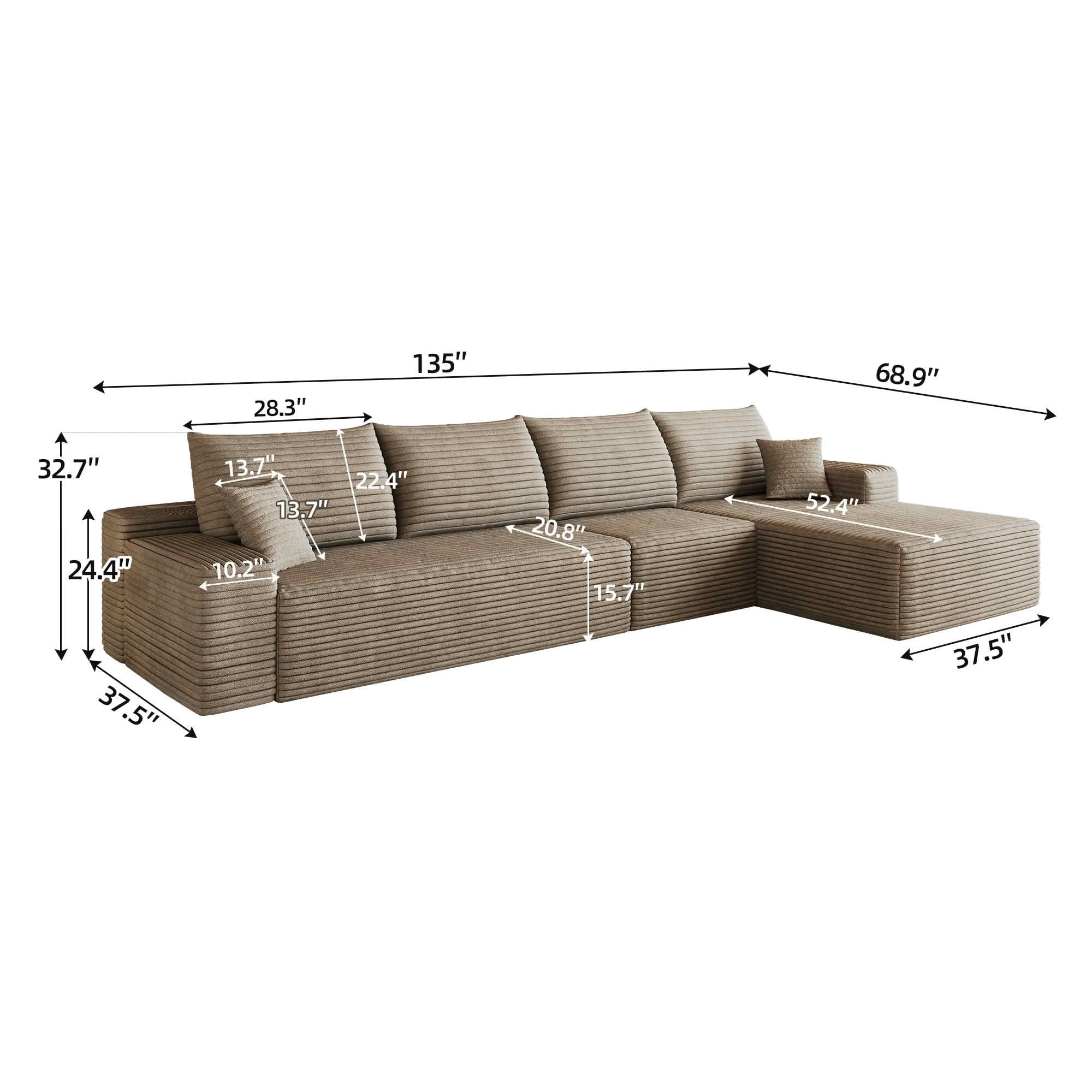 MAYEERTY 134 Inch Camel Corduroy Low Cloud L-Shape Sectional Sofa, 4-Seat Modular Deep Chaise Couch Zero Assembly