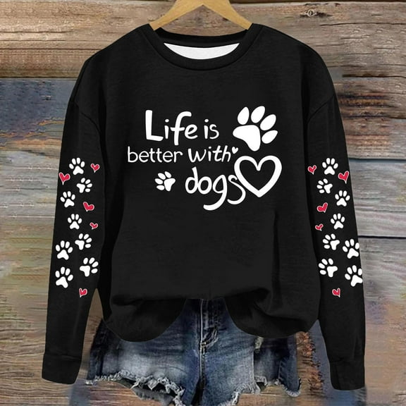 BVOFAR Women's Life is Better with Dogs Sweatshirts Funny Heart Dog Paw Graphic Tops Casual Long Sleeve Pullover Fall Round Neck Shirts