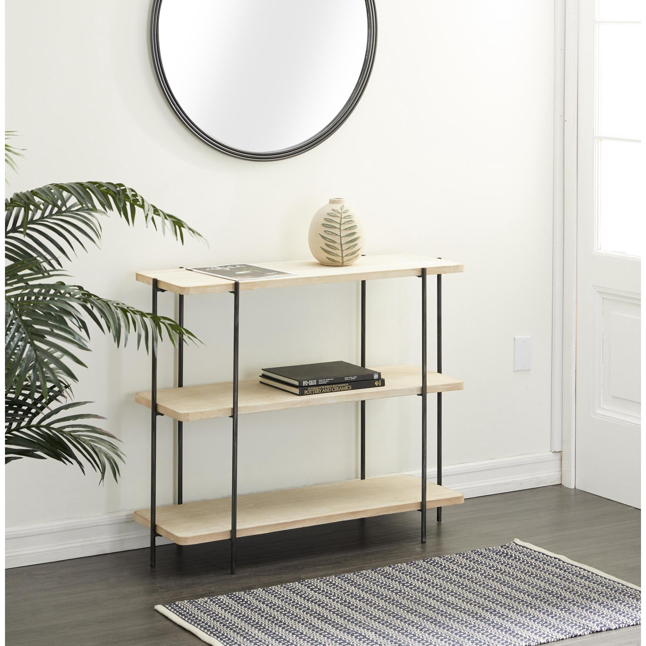 DecMode 40" x 32" Beige Wood Rounded Rectangular 2 Shelf Console Table with Slim Black Metal Legs, 1-Piece