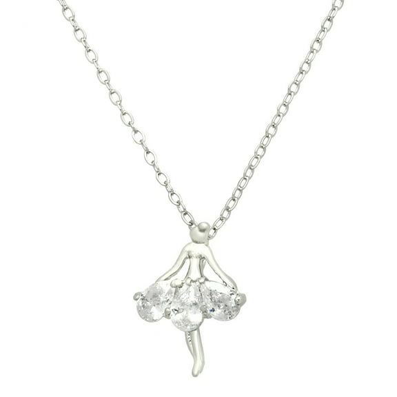Ballerina Pendant Necklace Clear Cubic Zirconia Crystal Rhodium Plated 17 Inch Link Chain J0287-CR