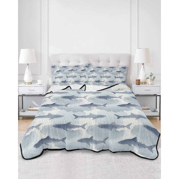 Quilts Queen Size, Blue Sharks Coastal Soft Comforter Bedding Set for Bed, Summer Beach Ocean Nautical Lightweight Quilted Bedspread with Pillow Cover(2 Pieces) for All Season, 90x96 Inch