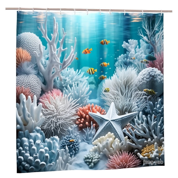 Amarainy Polyester Shower Curtain Underwater Coral Reef With Colorful Fish And Starfish For Home Bathroom Bath Tub Decoration 72x72 inch