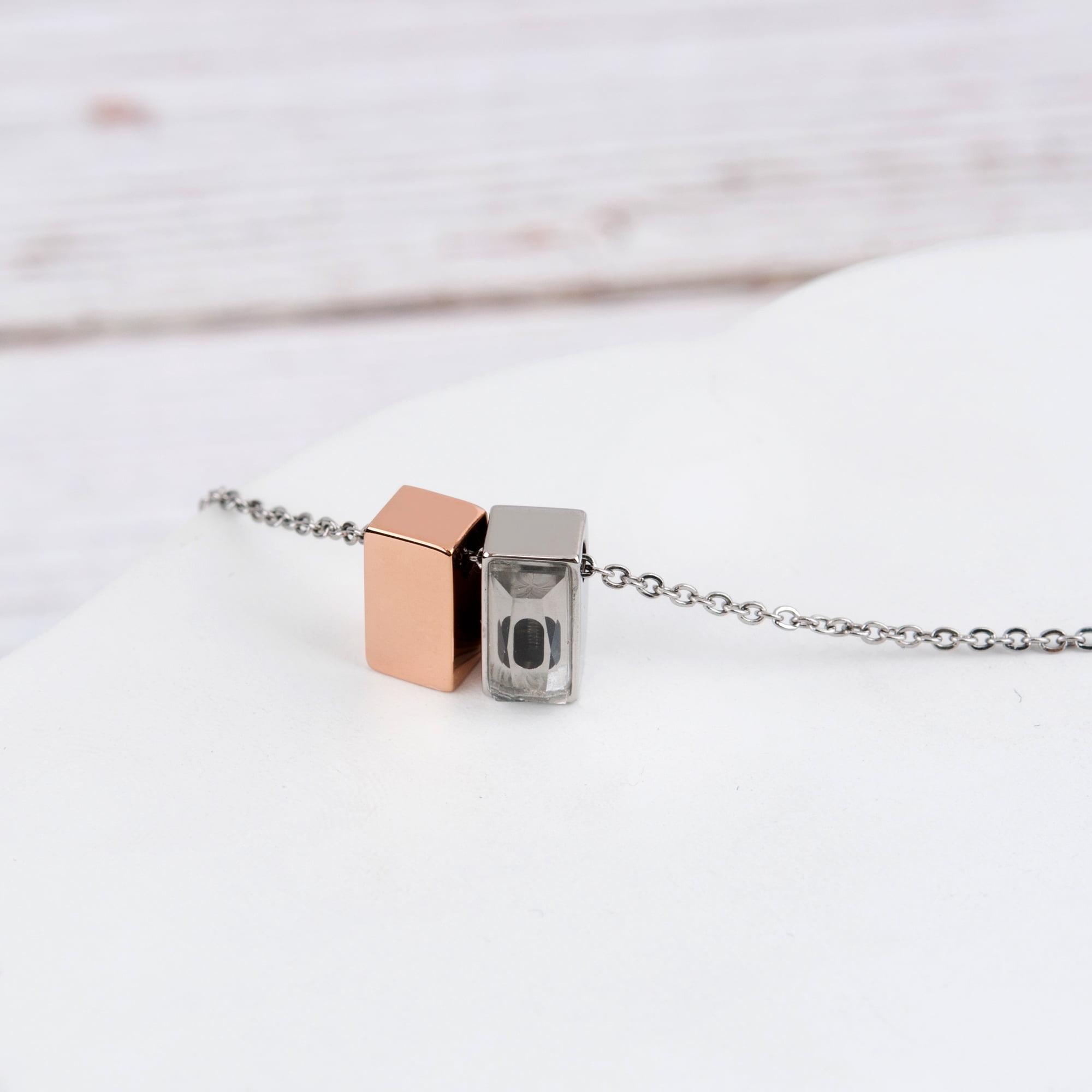 Anavia See You Cremation Necklace for Ashes, Mini See Through Urn Necklace, Mini Cube Cremation Pendant, Cremation Jewelry, Memorial Jewelry, Mini Urn-[Rose Gold & Silver]