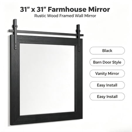 KAIFENG 31x31 Farmhouse Barn Door Wall Mirror Black Rustic Wood Framed Tempered Glass Vanity Mirror Decorative Wall Mount Mirror for Bathroom Bedroom Entryway