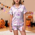 thumbnail image 2 of UAYOTSE Kids Silky Satin Nightwear Set, Girls Short‑Sleeve Collared Button‑Front Top with Coordinating Shorts, Casual Home Sleep Outfit Size 6-7 Years, 2 of 5