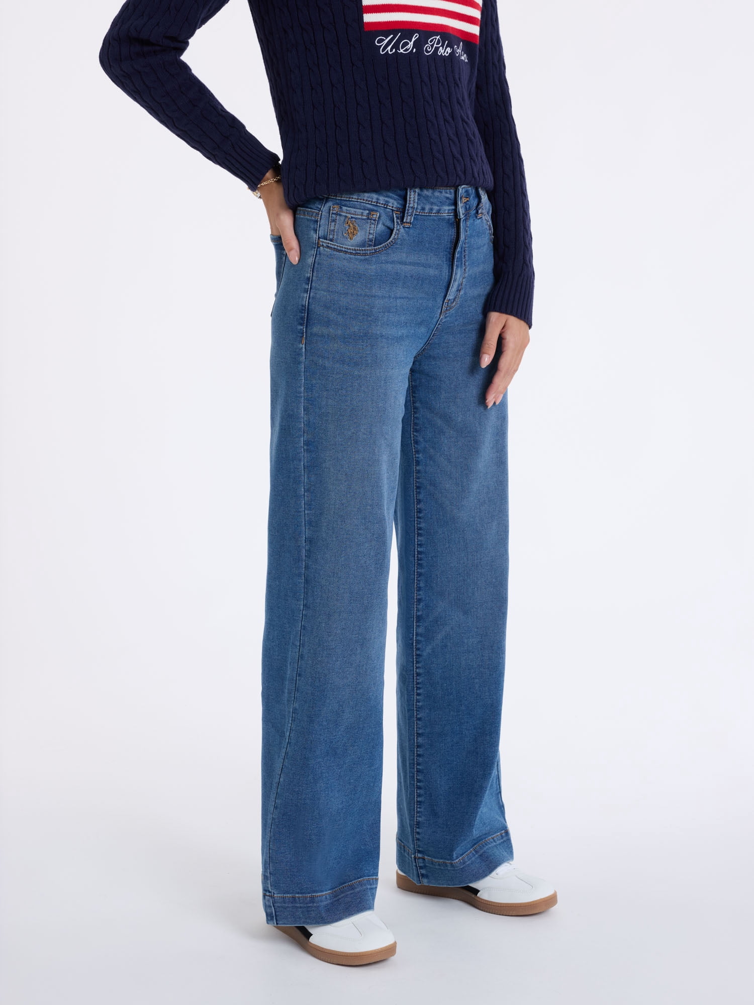 U.S. Polo Assn. Women's High Rise Relaxed Knit Denim Wide Leg Jeans