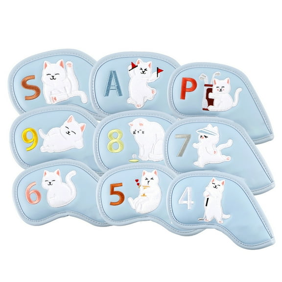 9Pcs Iron Head Covers Cats Pattern PU Protective Case Rod Head Protector Headcover Club Covers