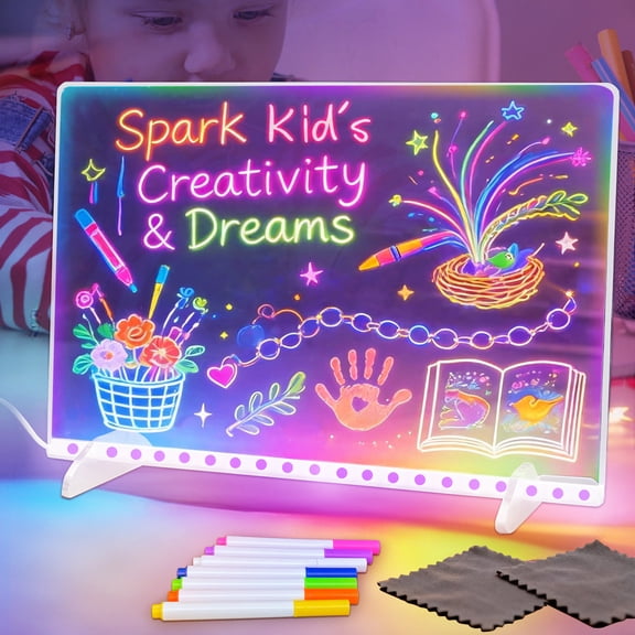 Amaopus LED Note Board with Colors, 13.7x10 inch Light Up Acrylic Message & Drawing Board | 4 Modes & 7 Colors Dry Erase Board with Stand & Hanging Chain | 7 Markers & Spray Bottle