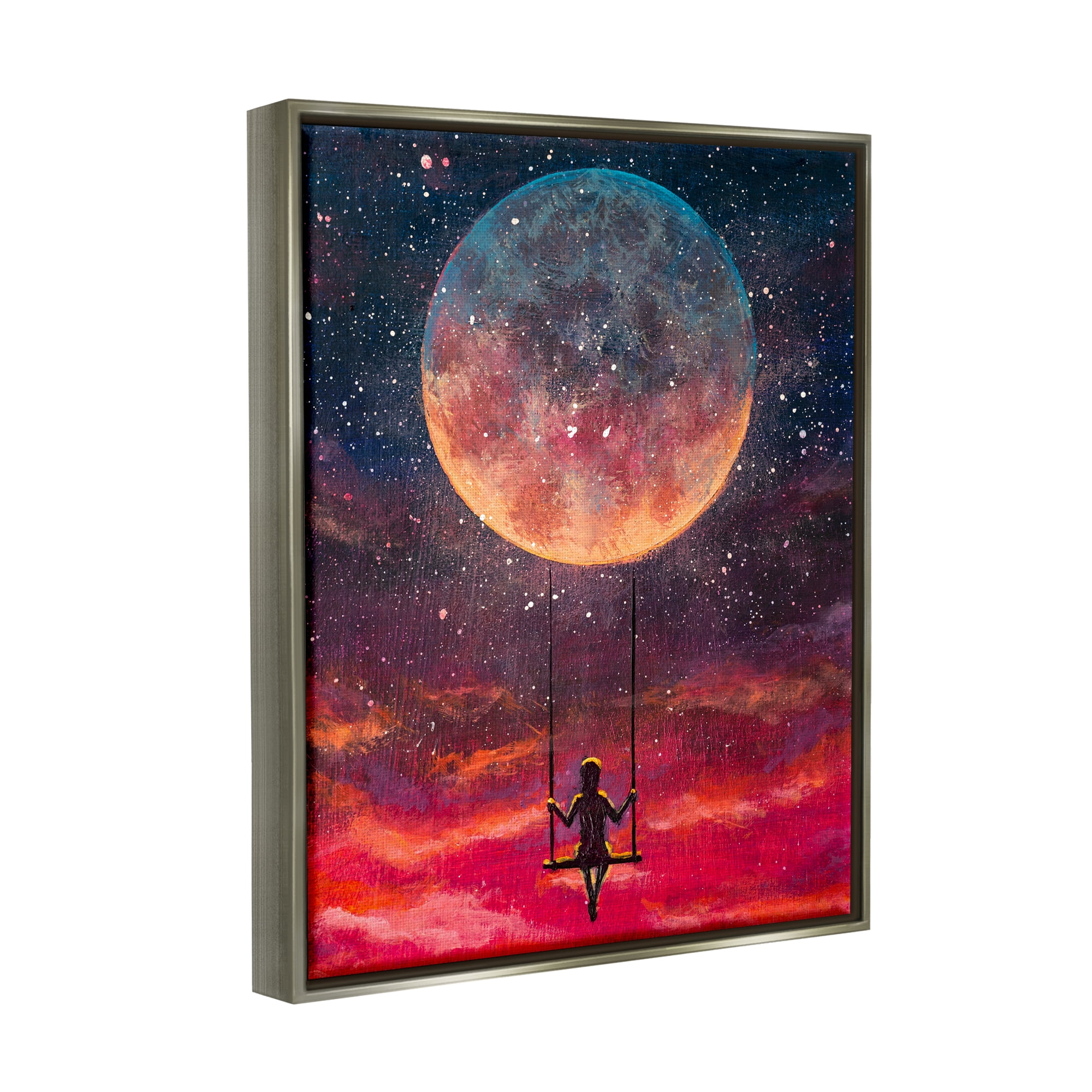 Stupell Industries Person Swinging From Moon Nature Painting Gray Floater Framed Art Print Wall Art, 17 x 21