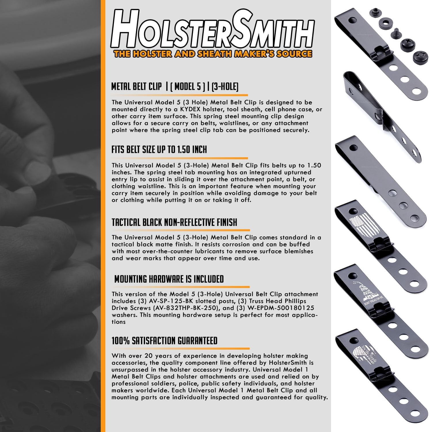 HolsterSmith Universal Metal Belt Clip for Holster Making - (Model 5) - (3-Hole) - (Tactical Black) - (w/SPTHA Mounting Hardware) - (2 Pack)