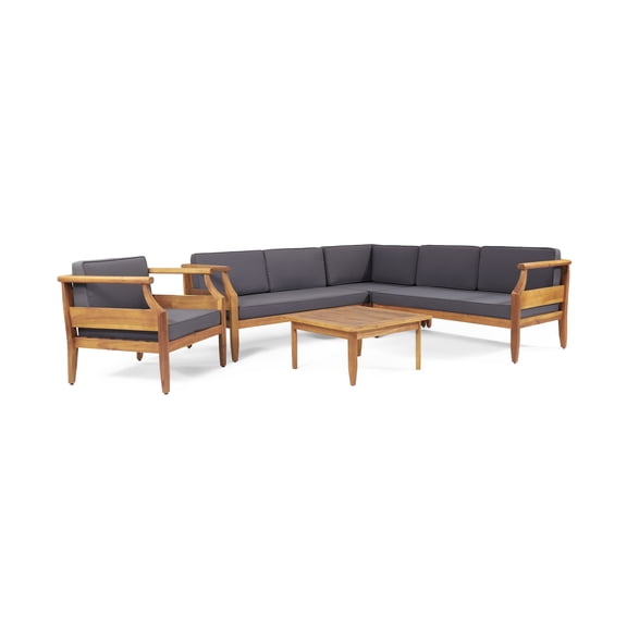 GDF Studio Bianca Outdoor Mid Century Modern Acacia Wood 5 Seater Sectional Chat Set with Club Chair, Teak and Dark Gray