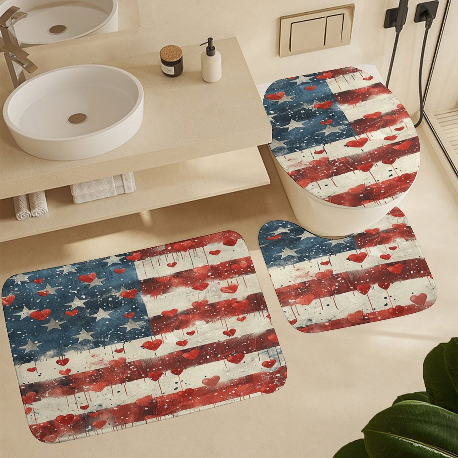 4th of July 4 Piece Shower Curtain Sets, Non-Slip Rugs, Toilet Lid Cover And Bath Mat, for Bathroom Decor Set, 72" X 72"
