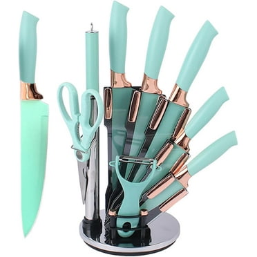Kitchen Knife Set, 9Pcs Stainless Steel Non Stick Knife Block Set, Sharp Cutlery Knives Set with Sharpener Knives Set with Rotatable Storage Stand,Scissors (Teal)