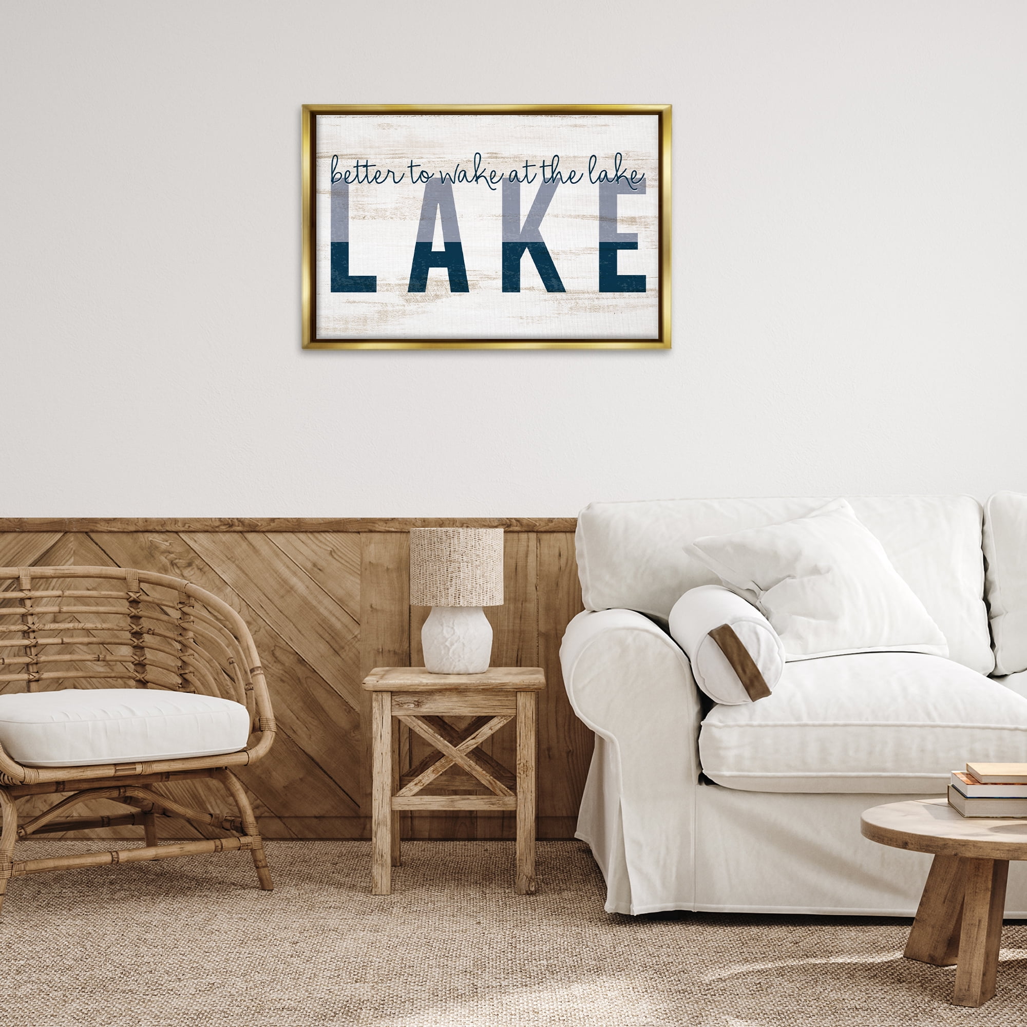 Stupell Industries Wake at Lake Rustic Text & Numbers Painting Gold Floater Framed Canvas Art Print Wall Art, 31 x 21
