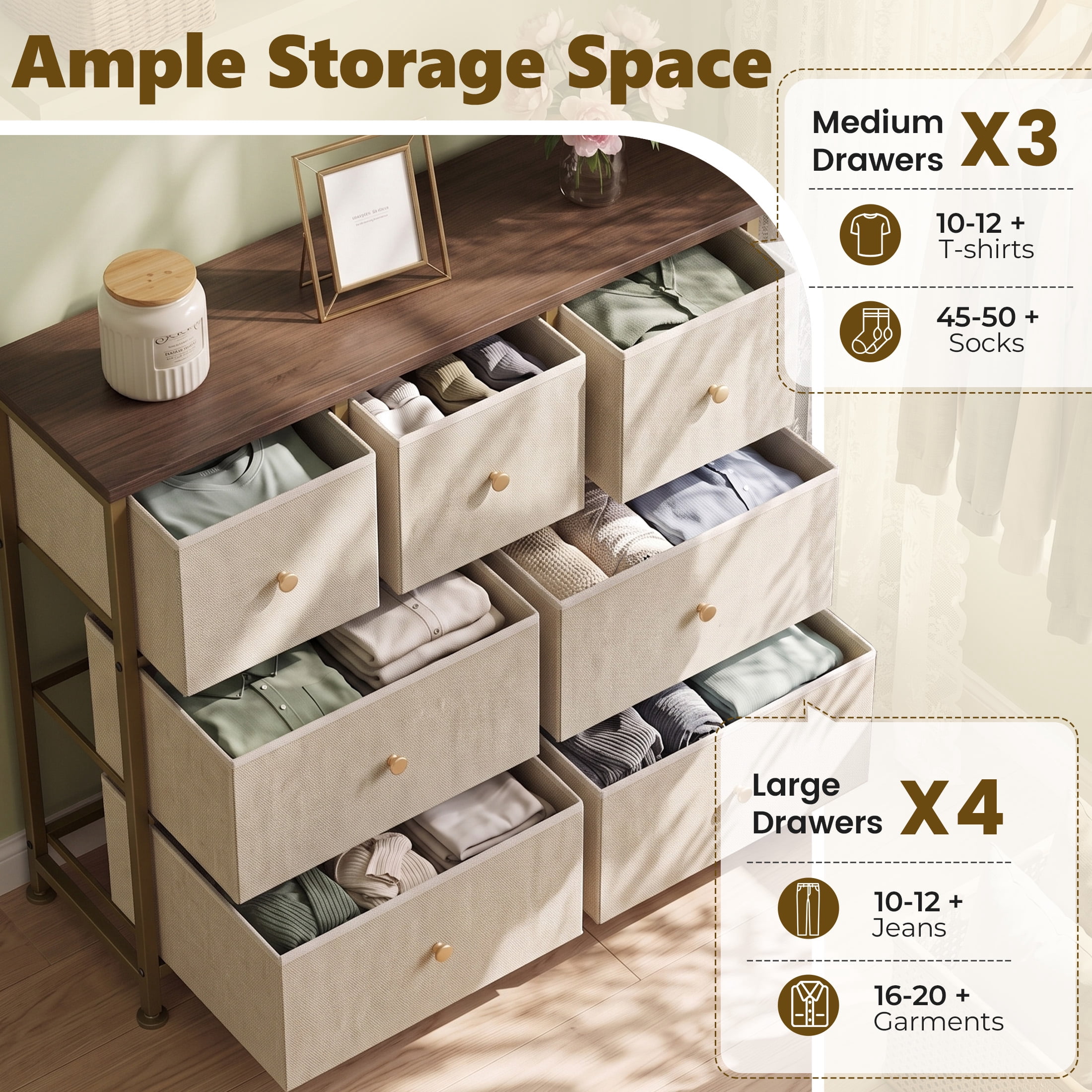 Gianna Chest of Drawers with 7 Fabric Drawers, Drawer Cabinet, Organization Furniture for Kitchen, Office, Hallway, Khaki