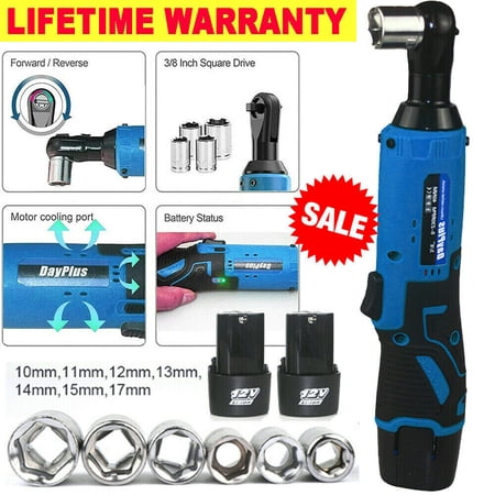 Dayplus 12V 3/8'' Cordless Ratchet Right Angle Wrench Impact Power Tool 2 Battery & 7 Socket