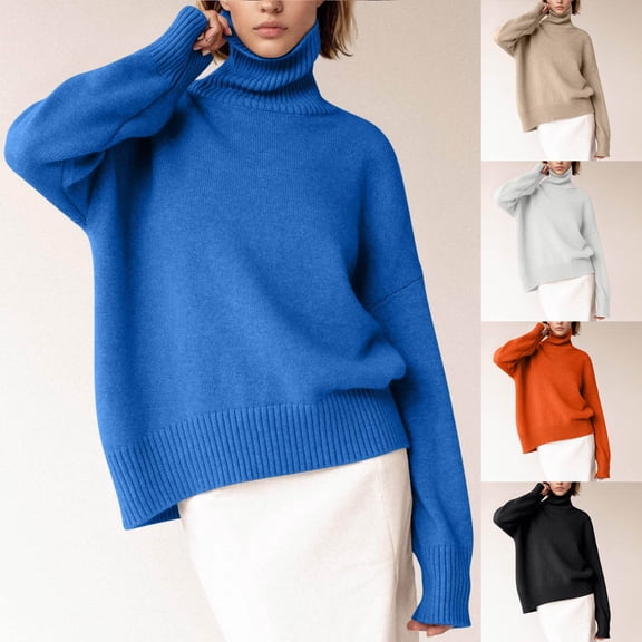 Lovskoo Sweaters for Women Turtleneck Trendy Casual Wear Long Sleeve High Neck Sweater Blue