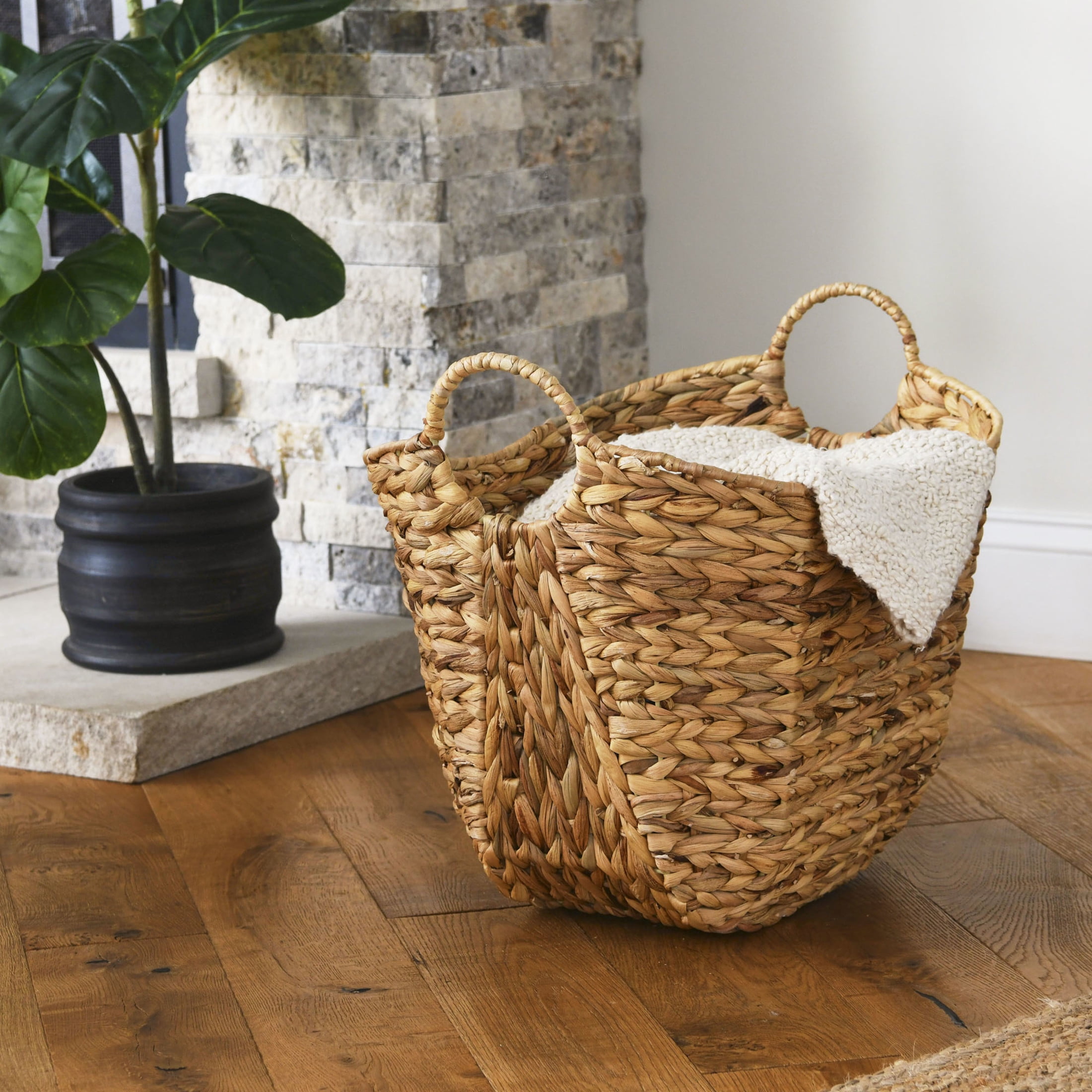 Household Essentials Water Hyacinth Basket with Handles, Natural Woven Wicker Storage Basket, Great for Decoration or Organization
