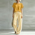 thumbnail image 2 of Womens Casual 2 Piece Outfit Round Neck Solid Tee Striped Pocket Elastic Waist Loose Long Pants Yellow XL(XL), 2 of 6