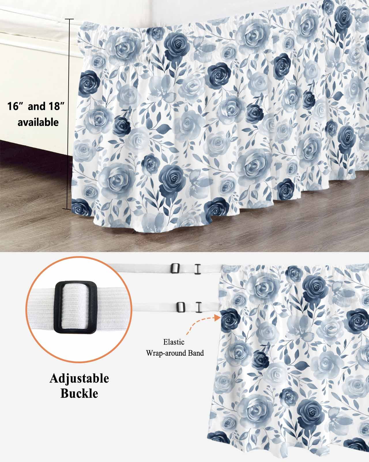 Blue Flowers Wrap Around Bed Skirts for Queen Bed 16" Drop,Bed Skirt with Adjustable Elastic Belt Dust Ruffle Bed Valance for Bedroom Hotel Watercolor Rustic Retro Floral Leaf Vines Bed Frame Cover