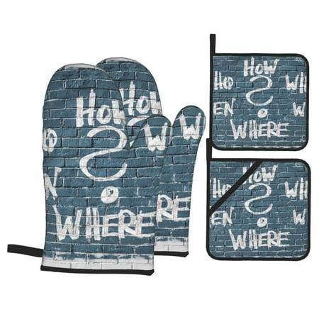 

Funny Ask Wall Oven Mitts And Pot Holders Sets Baking Sets For Kitchen Bbq Gloves Heat Resistant Cooking Chalk Writing 4 Pcs