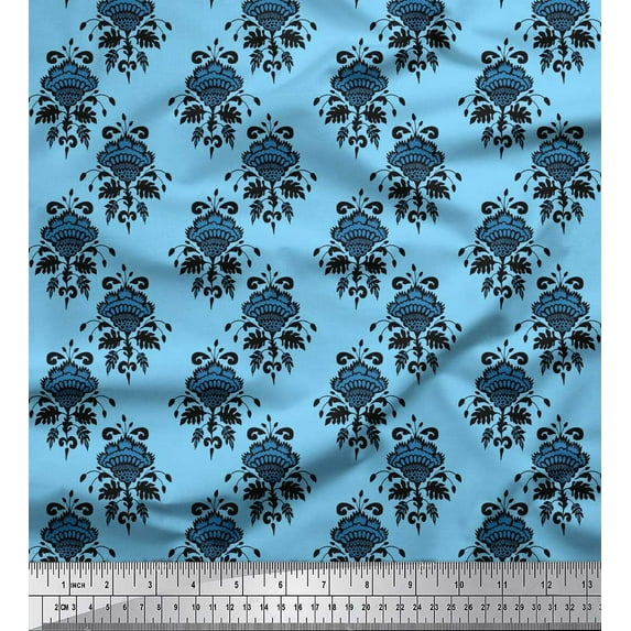 Soimoi Blue Poly Georgette Fabric Leaves & Floral Ethnic Print Fabric by the Yard 42 Inch Wide