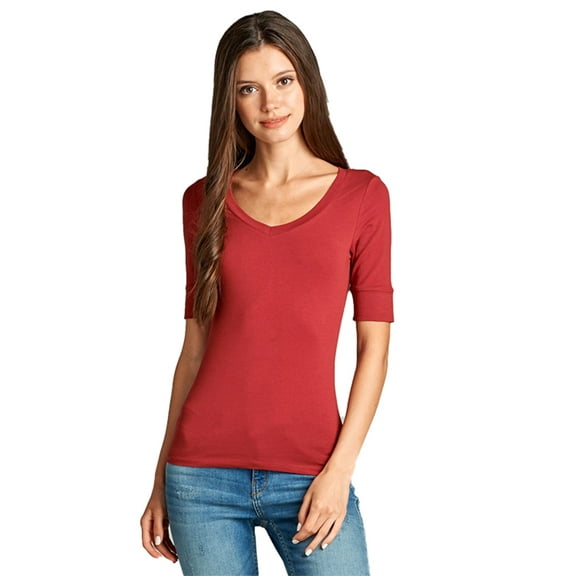 Emmalise Women's Slim Athletic Fit Vneck Tshirt Half Sleeves Top Jr Size (Rust, Small)