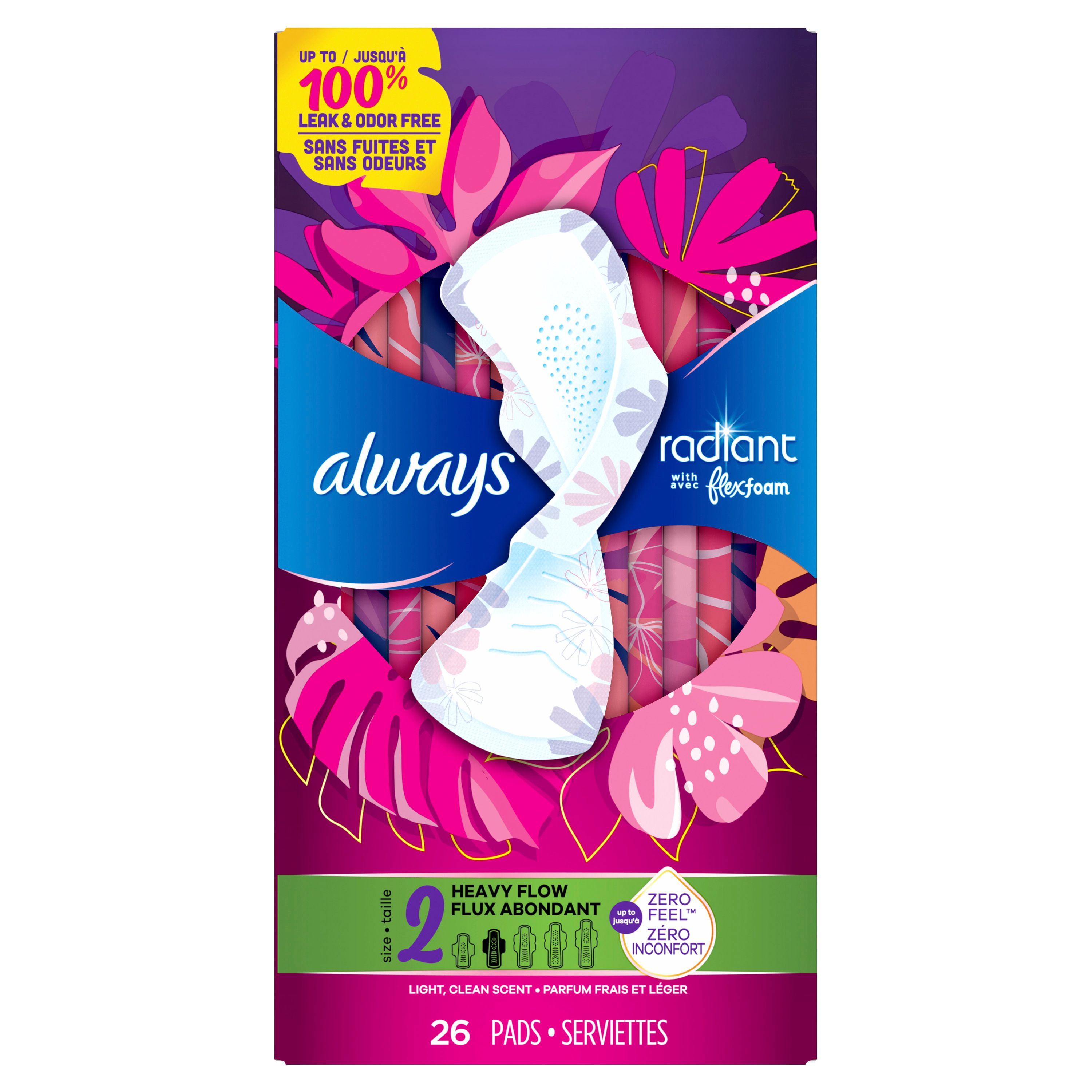 Always Radiant with FlexFoam Pads, Size 2, Heavy, with Wings, Light Clean Scent, 26 Count