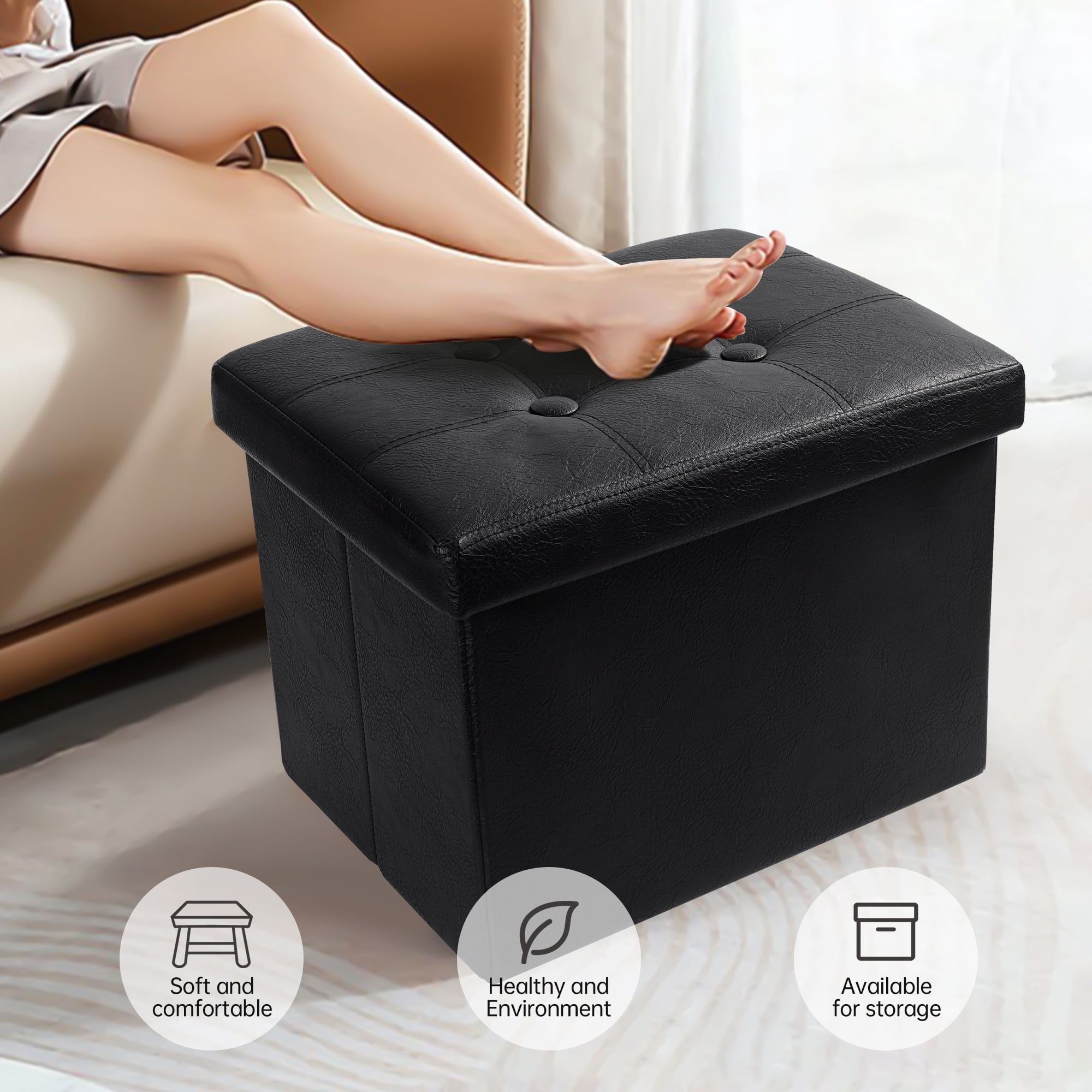 Soyota Folding Leather Padded Storage Ottoman, Black