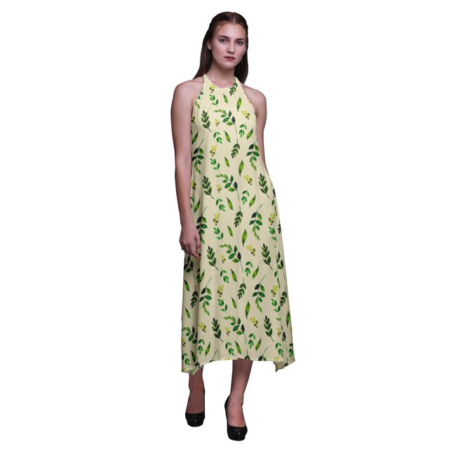 Bimba Robe de Plage Dos Nu Imprimée Feuilles pour Femmes Col Halter Long RayonDress-Medium