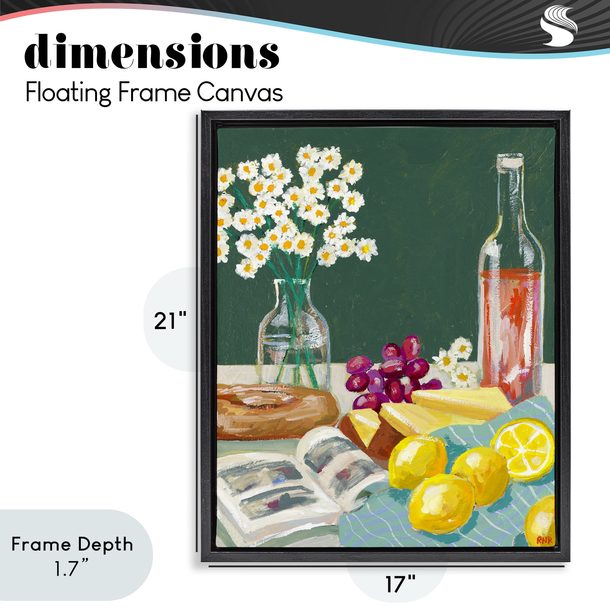 Stupell Industries Cheese, Wine and Lemon Still Life Black Framed Floater Canvas Wall Art, design by Rachael Reese