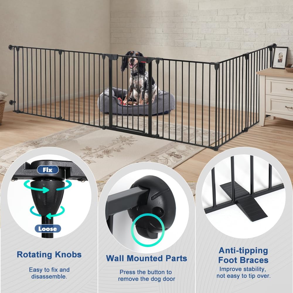 LUCKUP  Freestanding Dog Gates with Door Walk Through, Extra Wide Doggy Door 150" W x 29" H Pet Gate Safty 6 Panels Dog Fence for Stairs, Doorways