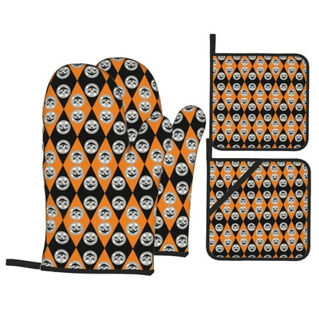 

Oven Mitts and Pot Holders 4 pcs Set halloween elements Pattern Heat Resistant Pot Holders Oven Mitts for kitchen Non-Slip Hanging Loop Oven Glove Potholders for Baking Cooking