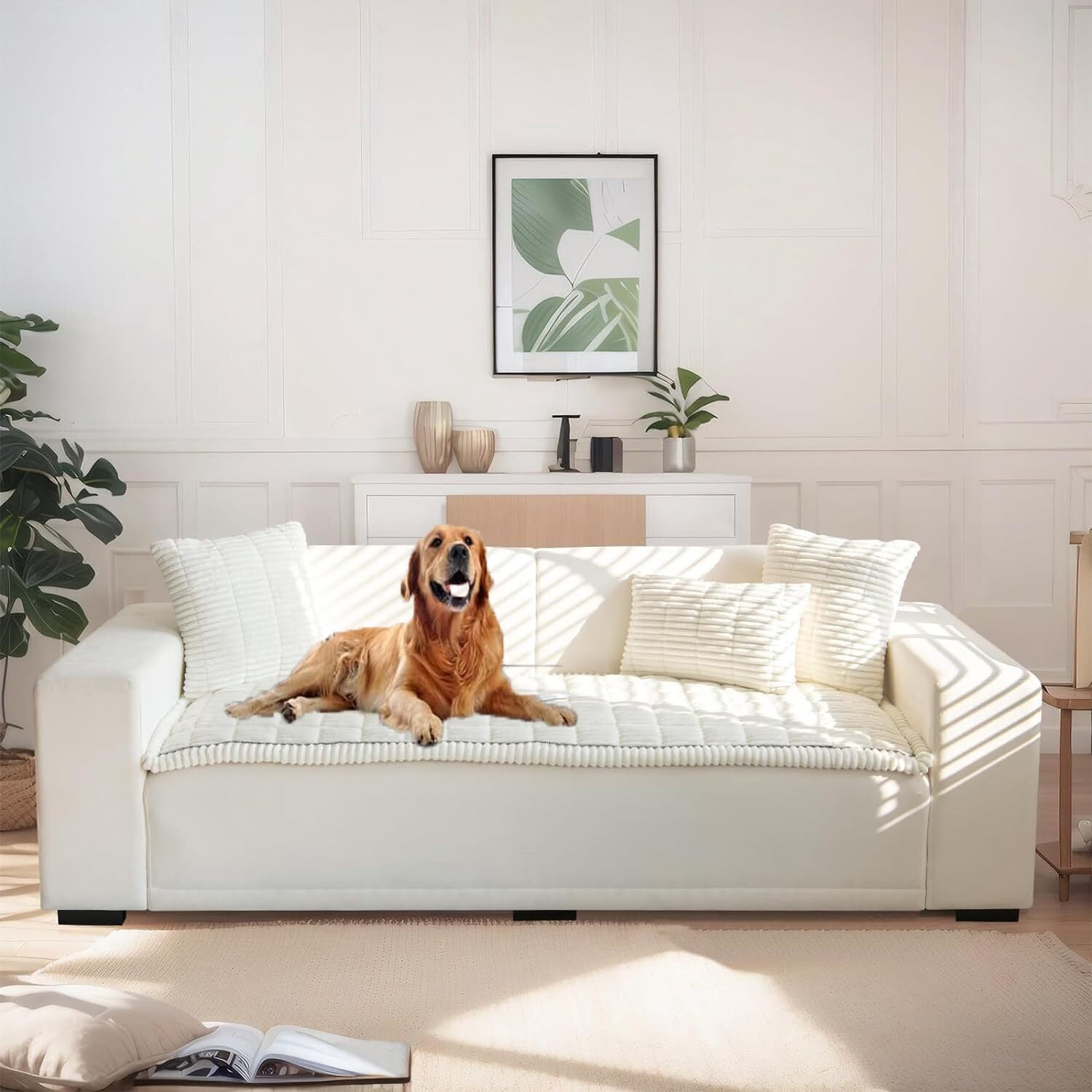 JIAN YA NA Anti Slip Couch Covers Sofa Mat, Thickened Corduroy Furniture Protector Mat, Washable Sofa Slipcover Dogs Pets Bed Pad (Milky White, 90x210cm)