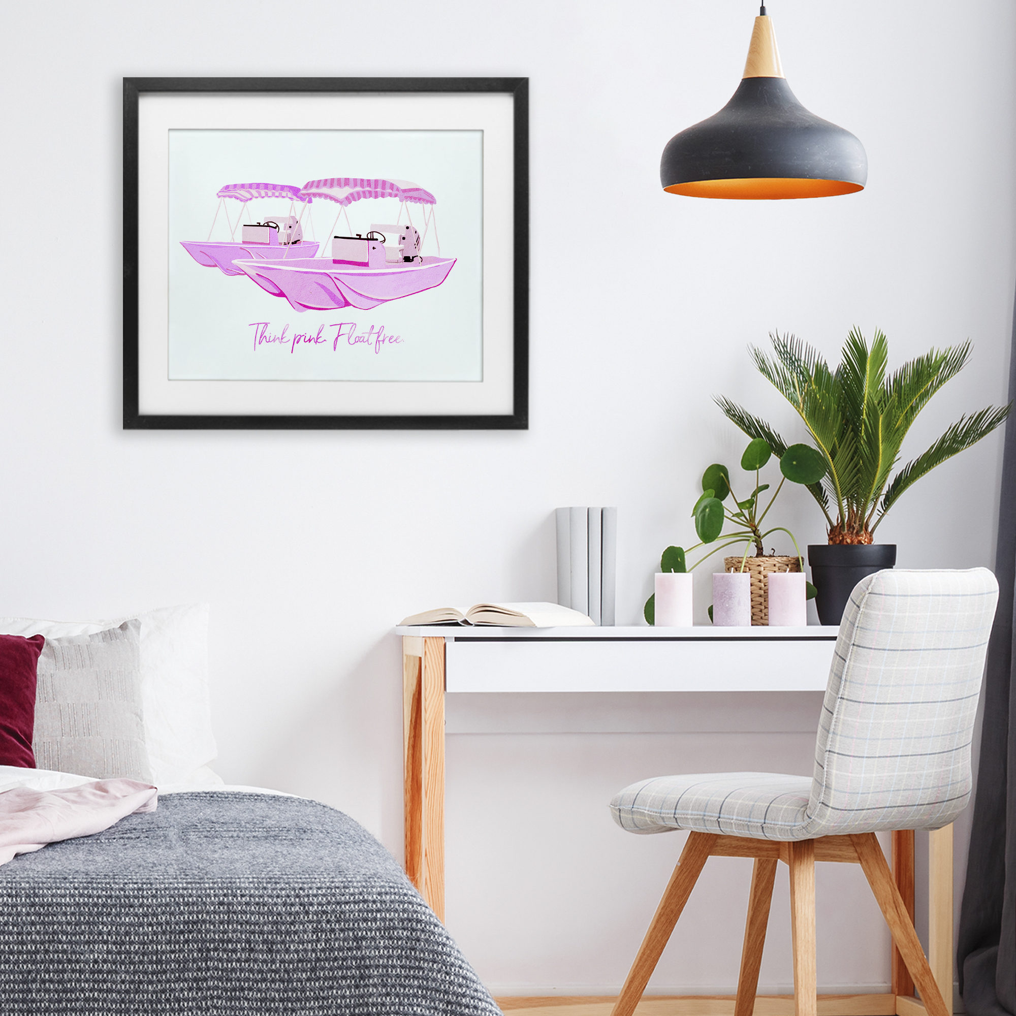 Think Pink Float Free Boats Black Framed Print Under Glass, design by Ziwei Li