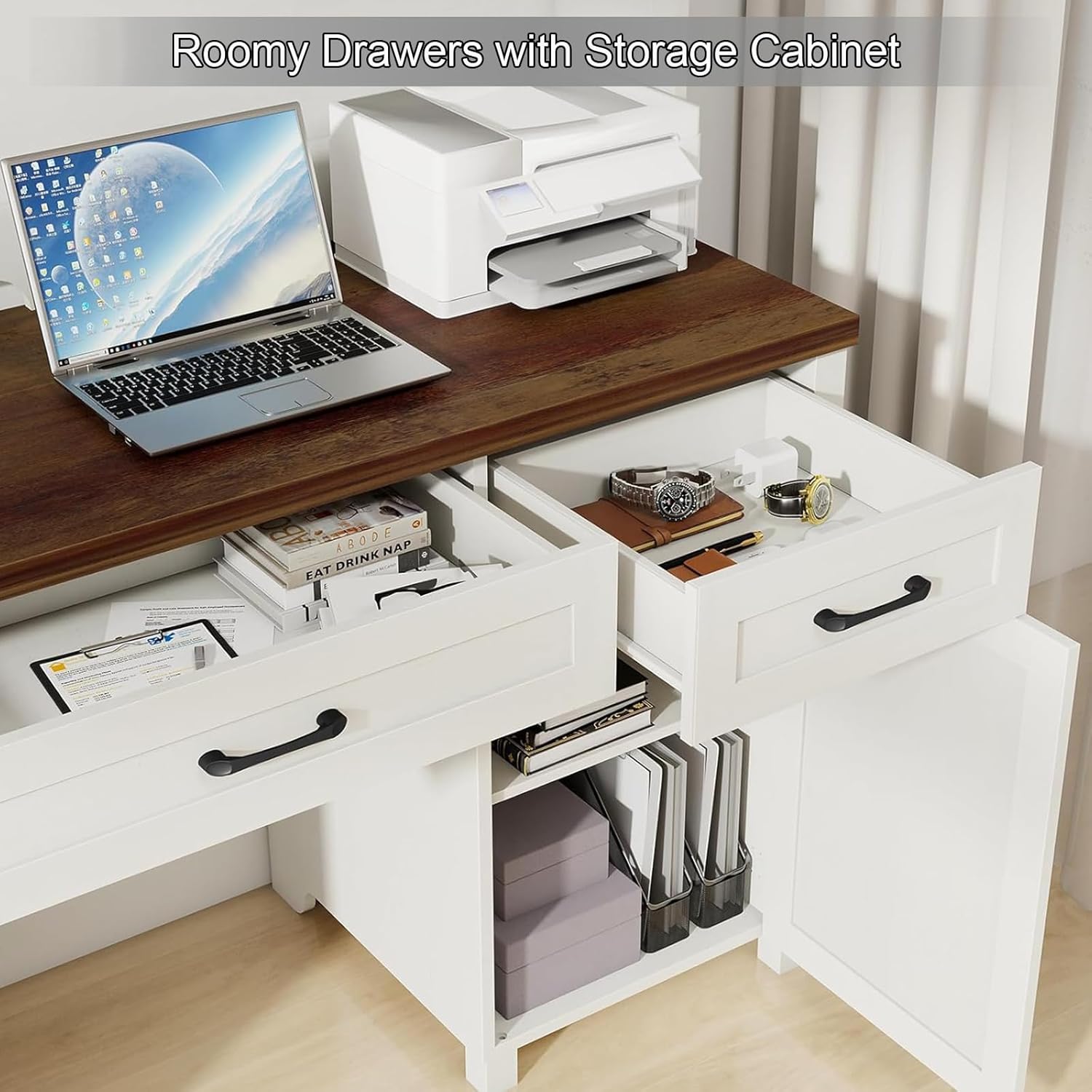 Vabches 61" W Executive Desk with Hutch, Farmhouse Office Computer Desk with 5 Drawers and Charging Station & File Cabinet, Wood Writing Study Table