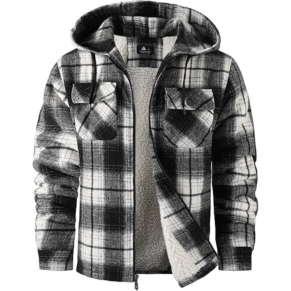 SPEEDRUN Mens Flannel Hoodie Plaid Jacket Fleece Sherpa Lined Full Zip Up Sweatshirt Winter Hooded Shirts Coat Black M
