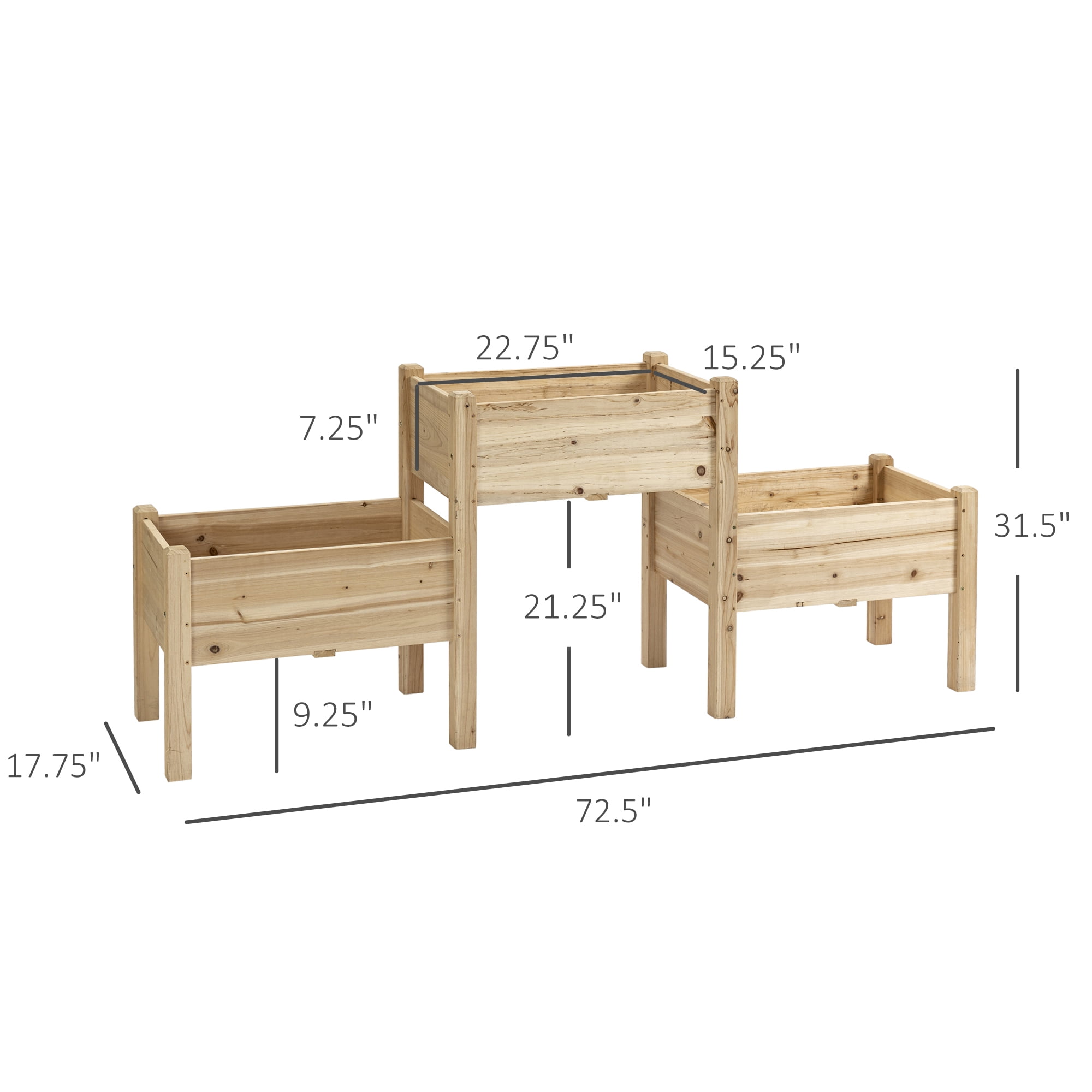 Outsunny 73" x 18" x 32" Raised Garden Bed w/ Three Elevated Planter Box, Freestanding Wooden Plant Stand for Vegetables, Herb, Flowers, Natural
